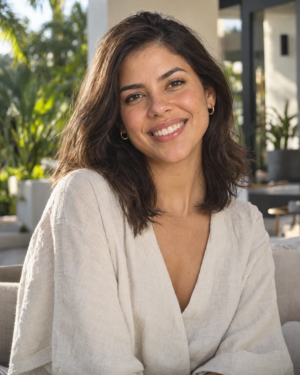 Young adult woman smiling while seated indoors.